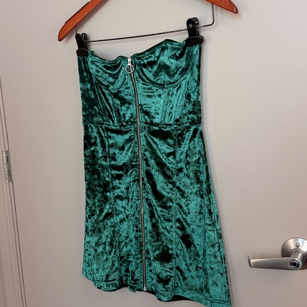 Urban Outfitters Green Crushed Velvet Corset Mini Dress Zipper Front‎ Y2K Size S - Picture 9 of 14